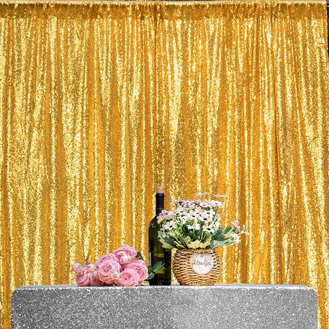 JYFLZQ Gold Sequin Backdrop Curtains 6ft x 8ft 1 Panel Glitter Photo Booth Backdrops Sparkly Photography Background Drapes for Parties Wedding Bridal Showers