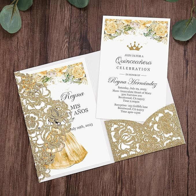DORIS HOME 50pcs Laser Cut Quinceanera Invitations Gold Glitter, 4.7x7.1 Blank Quince Invitations for 15th Birthday, Invitation cards for Sweet 16 with Envelopes