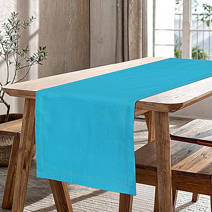Ruvanti Linen Table Runner 90 Inches, Classic Hemstitch, Washable, Reusable, Non-Slipping, Stain Resistant- Perfect for Parties, Weddings, Dinners, Thanksgiving, Christmas, Indoor use – Blue