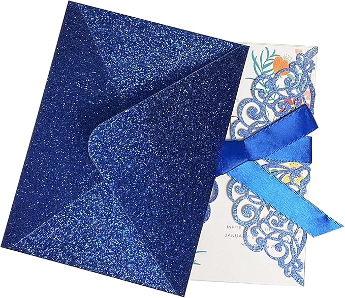 50Pcs Laser Cut Blue Wedding Invitation With Glitter Envelopes And Ribbons Blank Personalized Card Invitaciones Para quinceañera Birthday Baby Shower Christmas Party Bridal Shower