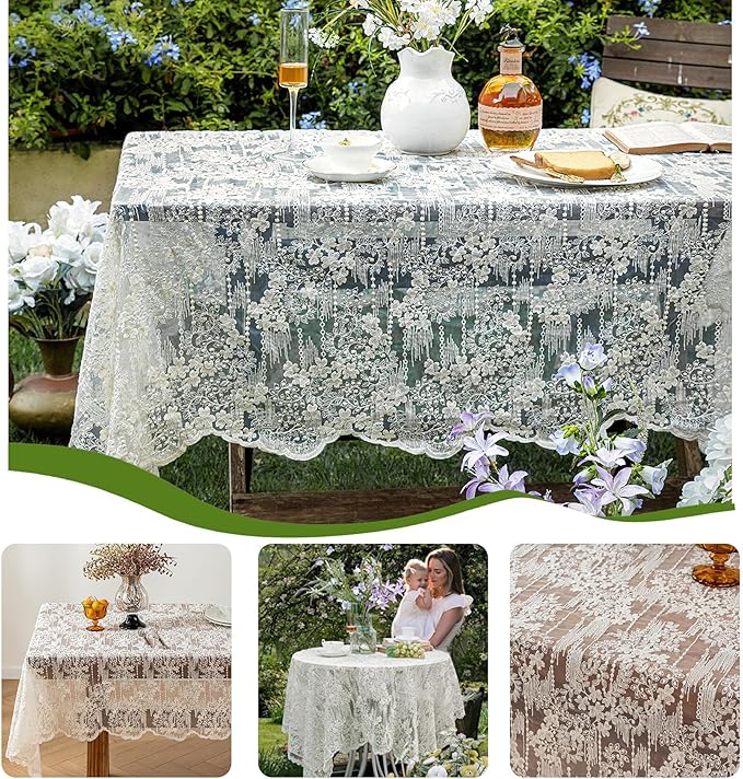 Lace Embroidered Tablecloth. Rectangle Lace Vintage Tablecloth Dustproof Table Protector for Kitchen Dining Room Party Banquet Home Picnic Wedding Decoration (Creamy White 78.5×53 inch)