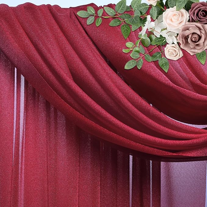 Wedding Arch Draping Fabric 3 Panels 28.7" x 20FT Burgundy Sheer Chiffon Backdrop Drapes for Wedding Ceremony Birthday Party Bridal Shower Outdoor Decoration