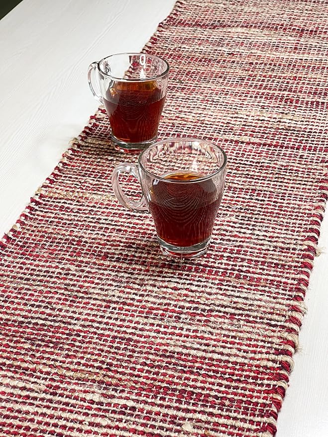 Chardin home Natural Jute Table Runner 13x90 Inch – Vintage Boho Rustic Table Decor – Handwoven Table Runner in Natural Jute and Red – Farmhouse Dining or Console Table Accent