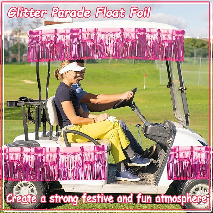4 Pack Float Fringe Curtains, Metallic Foil Fringe Garland Shiny Tassel Foil Float Parade Float Decorations for Trailer Car Graduation Homecoming Valentine Outdoor Indoor Party (Pink)