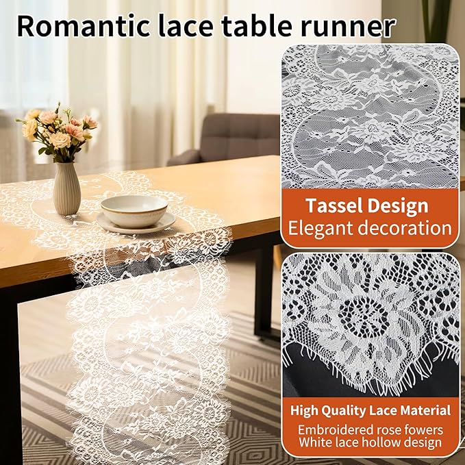 HAIBAS 6 Pcs White Lace Table Runners 14 x 120 Inch Boho Rose Embroidered Floral Vintage Rustic Table Decoration for Wedding Party Bridal Shower Decorations