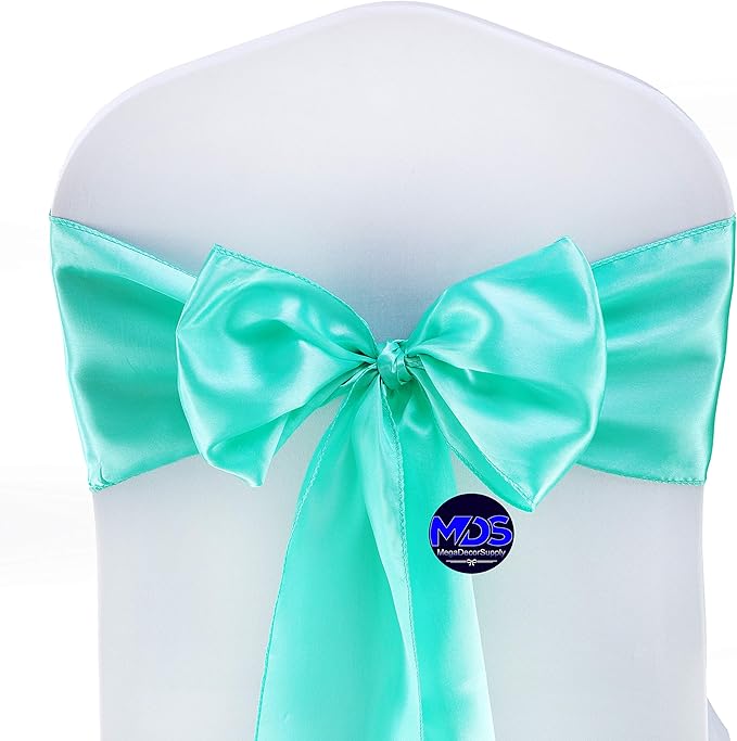 MDS Pack of 125 PCS Satin Chair Sashes Charmeuse Sateen Dining Chair Bows Ribbon Ties Back Sash for Wedding Party Birthday Home Hotel Restaurant Banquet Decoration (7 x 108 Inch, Sea Green)