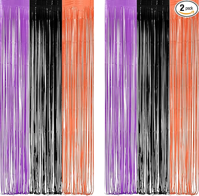Black Purple Orange Party Streamers - GREATRIL Foil Fringe Backdrop for Hocu Birthdays Halloween Party Supplies - 3.2ft X 8.2ft - 2 Packs