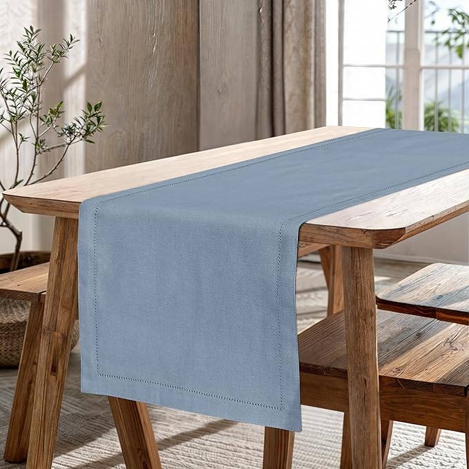 Ruvanti Linen Table Runner 48 Inches, Classic Hemstitch, Washable, Reusable, Non-Slipping, Stain Resistant- Perfect for Parties, Weddings, Dinners, Thanksgiving, Christmas, Indoor use – Grey