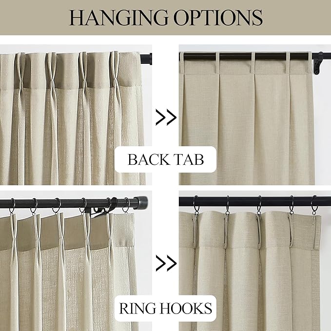 Vision Home Sand Pinch Pleated Semi Sheer Curtains Textured Linen Blended Light Filtering Window Curtains 90 inch for Living Room Bedroom Patio Pinch Pleat Drapes with Hooks 1 Panel 60" Wx90 L