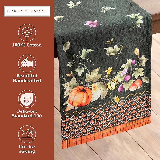Maison d' Hermine Table Runner 100% Cotton Single Layer Table Runners 108 inches Long for Thanksgiving Christmas Decorations Home Kitchen Dining Wedding (Pumpkin Garden - Dark Green, 14.5" x 108")