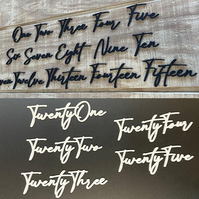 Cursive Wedding Table Number SET, DIY thin modern Black or White acrylic cutouts with silicone glue included. Words only, no backing (One - Five, Matte Black)