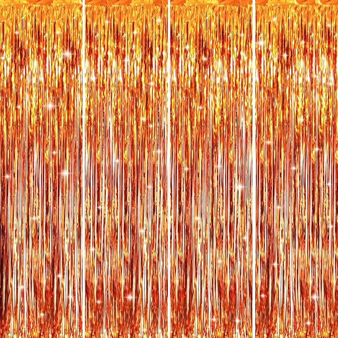 GOER 3.2 ft x 8.2 ft Metallic Tinsel Foil Fringe Curtains Party Photo Backdrop Party Streamers for Birthday,Graduation,New Year Eve Decorations Wedding Decor (4 Packs,Orange)
