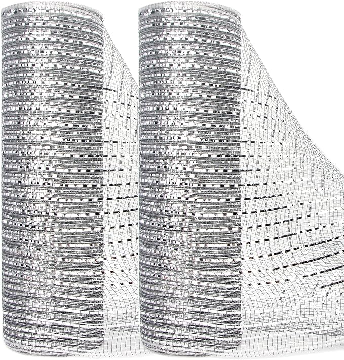 Ribbli 2 Rolls Silver Mesh Ribbon,10 inch x 30 feet(10Yard) Each Roll,Metallic Lt.Silver with Wide Silver Foil,Valentine's Day Ribbon for Wreath Swags and Decorating