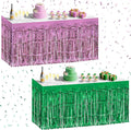 2 Pack Light Pink Green Table Skirts, 29x108" Metallic Foil Tinsel Fringe Table Skirt for Rectangle Tables Streamer Curtains Backdrop, Party Decorations for Birthdays, Weddings, Holidays
