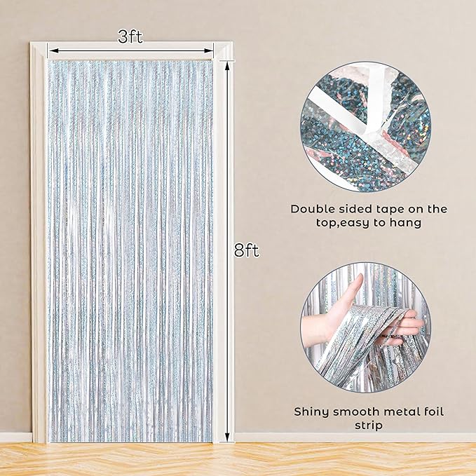 BTSD-home 10 Pack Laser Silver Foil Fringe Curtain Metallic Streamer Party Decorations Photo Booth Backdrop Door Curtains for Wedding Birthday Baby Shower Bachelorette Halloween