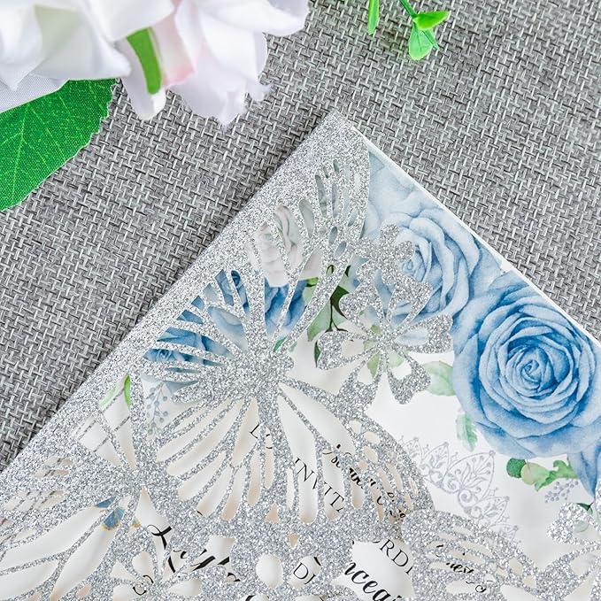 20 PCS 5.12x7.2 Butterfly Personalized Quinceanera Invitation, Customized XV Anos Laser Cut Invitation Cards with Envelopes (Silver Glitter Personalized)