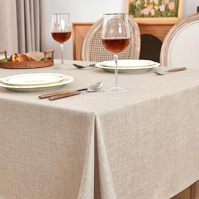 Fitable Beige Faux Linen Tablecloths Rectangle 60 x 84 Inch - 6 Pack Neutral Table Clothes for 4 Foot Tables, Wrinkle-Proof Faux Burlap Table Covers for Dining, Farmhouse, Outdoor Picnic, Camping