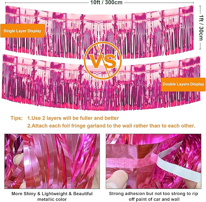 4 Pack Float Fringe Curtains, Metallic Foil Fringe Garland Shiny Tassel Foil Float Parade Float Decorations for Trailer Car Graduation Homecoming Valentine Outdoor Indoor Party (Pink)