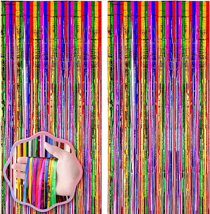 2 Pack 3.3x8.2 Feet Rainbow Foil Fringe Backdrop Curtains, Tinsel Streamers Birthday Party Decorations, Fringe Backdrop for Graduation, Baby Shower, Gender Reveal, Disco Party