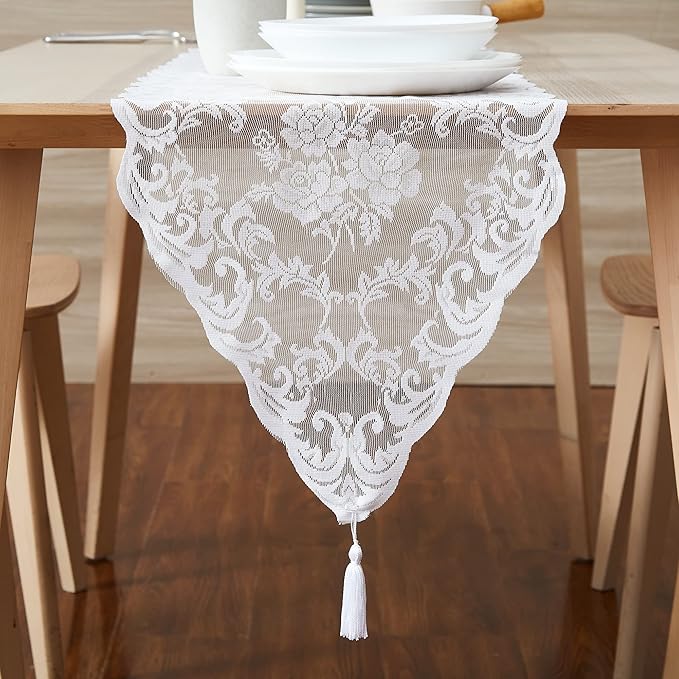 LinenZone White Table Runner with 2 Tassels for Rustic Vintage Decor. Lace Table Runner Works Great As Wedding, Thanksgiving or Christmas Decor (Mia 14 x 36, White)