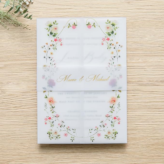 PONATIA 50PCS Vellum Jackets for 5x7 Invitation Cards- 135GSM Wild Flowers Printed Vellum Sleeves, Quinceanera Wedding Invitation Cards Wraps, Transparent Christmas Gift Cards Jackets