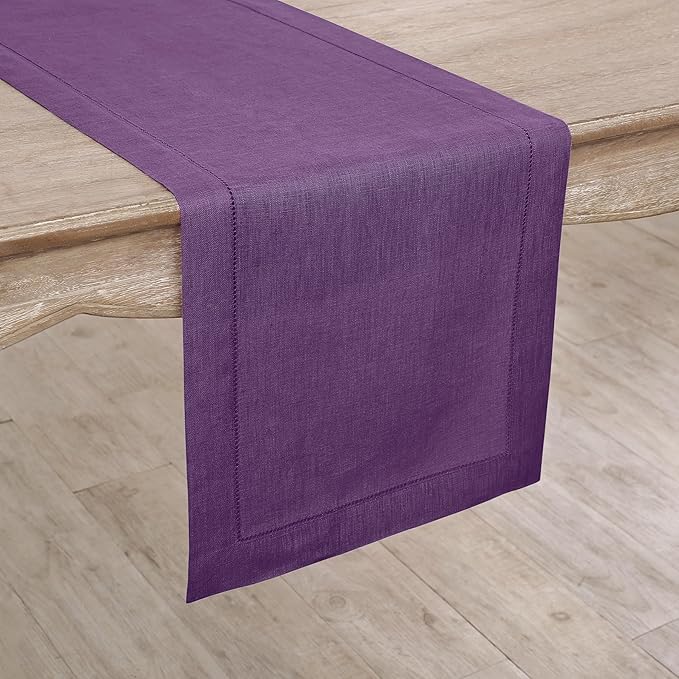 Solino Home Linen Purple Table Runner 60 Inches - Classic Hemstitch, 100% Pure Linen Coffee Table Runner 14 x 60 Inch Ideal for Dresser Tables - Fall, Autumn, Halloween, Thanksgiving, Holiday
