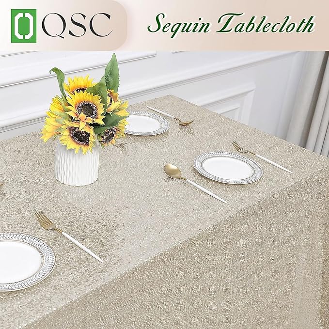 OQSQ Champagne Sequin Tablecloth 50x80 inch, Glitter Drape Table Cloth, Sparkle Sequence Table Overlays for Thanksgiving Day Wedding Birthday Party Baby Bridal Shower