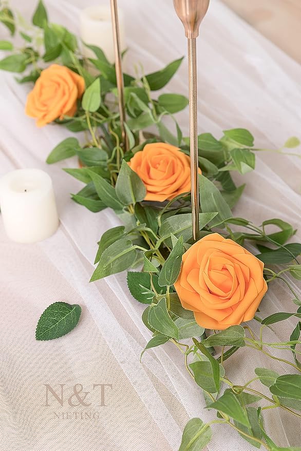 N&T NIETING Artificial Flowers, Fake Flowers Orange Roses Perfect for DIY Wedding Bridal Bouquets Centerpieces Bridal Shower Party Home Flower Arrangement Decorations, 25Pcs