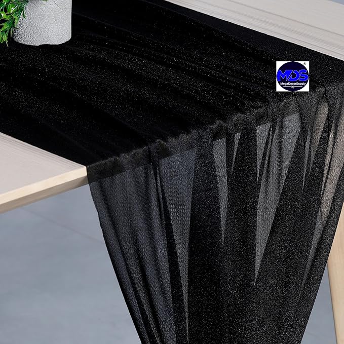 MDS 2 Pack 10ft Chiffon Table Runner 29 x 120 Inches Sheer Wedding Runner Romantic Rustic Table Runner for Wedding Decorations, Birthday Parties, Bridal Shower Party Arch Decor - Black