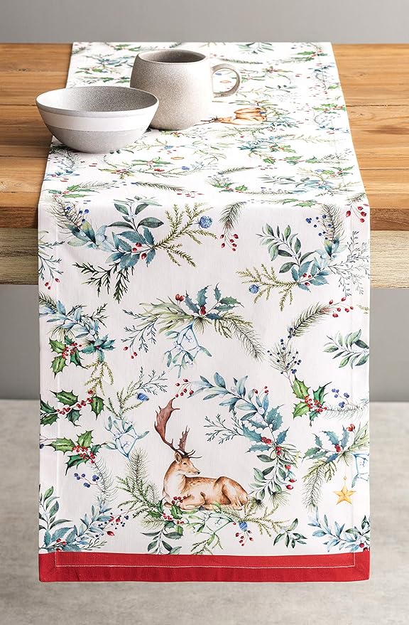 Maison d' Hermine Table Runner 100% Cotton Single Layer Table Runners 72 inches Long for Thanksgiving Christmas Decorations Home Kitchen Dining Party Wedding (Holly Time, 14.5" x 72")