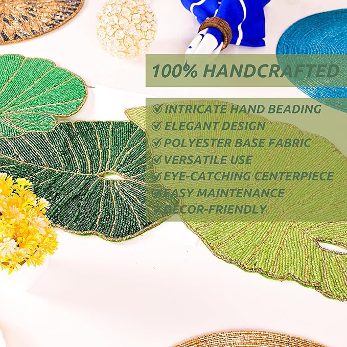 Luxury Beaded Table Runner - 13x36 Inches Handcrafted Leaf Pattern with Glass Beads & Polyester Back - Elegant Table Decor for Dining, Coffee Table & Events (Green) - CLEENTABLE