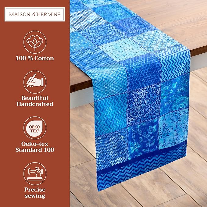 Maison d' Hermine Table Runner 100% Cotton Double Layer Table Runners 72 inches Long Decorative for Kitchen Dining Party Baby Shower Wedding Bridal Shower Spring Summer (Indigo Love, 14.50" x 72")