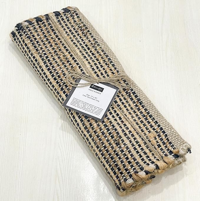 Chardin home Natural Jute Table Runner 13x48 Inch – Vintage Boho Rustic Table Decor – Handwoven Table Runner in Natural Jute and Black – Farmhouse Dining or Console Table Accent