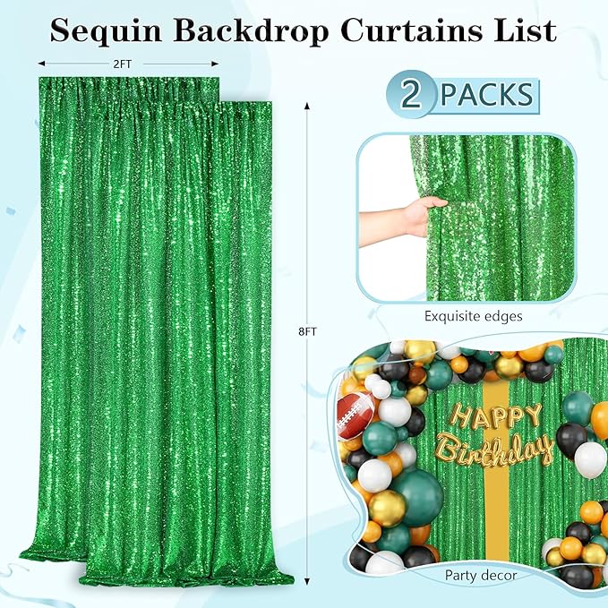 Green Sequin Backdrop Curtains 2 Panels 2FTx8FT Christmas Party Backdrop Glitter Birthday Bridal Wedding Curtains Sparkle Photo Backdrop