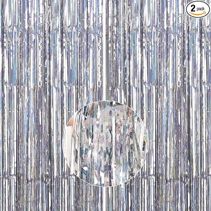 PartyWoo Foil Fringe Curtains Silver, 2 pcs 3.3x6.6 ft Silver Streamers, Fringe Backdrop, Tinsel Backdrop, Tinsel Curtain, Metallic Door Shimmer, Birthday Party Streamers, Christmas Decorations