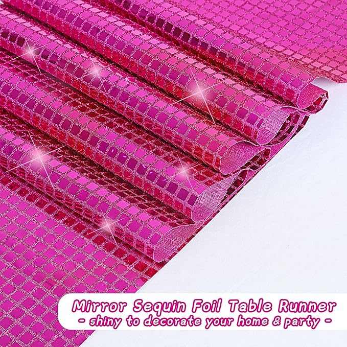 Durony 6 Pack Disco Table Runner 11 x 108 Inch Mirror Hot Pink Glitter Foil With Sparkle Sequin for Bachelorette, 70s, Cowgirl Party Decorations