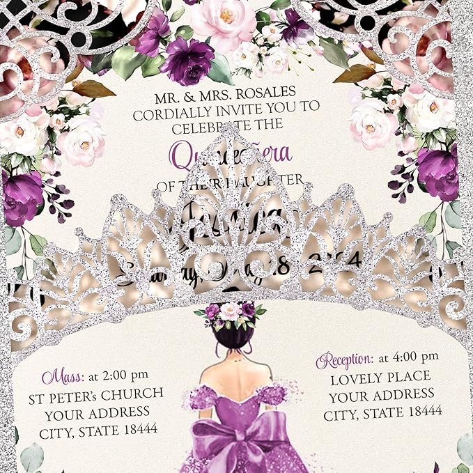 50Pcs Purple Crown Invitations for Quinceanera, 15 year, Sweet 16, Miss XV, Birthday Laser Cut Quince Invitation Cards Personalized Glitter Silver
