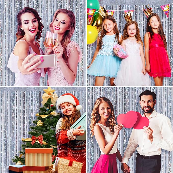 Picoway 4 Pack Foil Fringe Tinsel Backdrop Curtains, Birthday Engagement Bachelorette Party Decorations, Photo Booth Props Door Streamers Curtain (Silver)