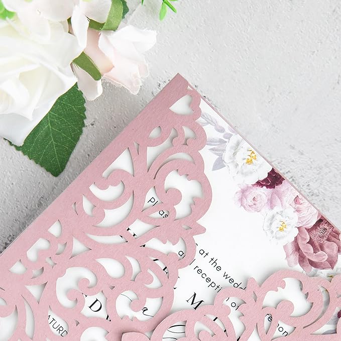 20Pcs Dusty Rose Laser Cut Invitation Cards With Blank Inner Sheets for Wedding Cards Bridal Shower Engagement Quinceanera Invitation (No Envelopes)