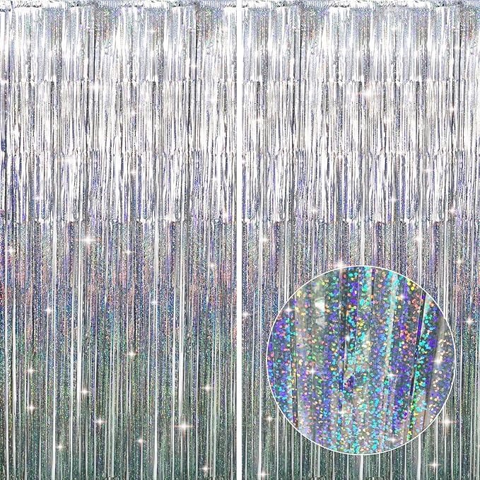 GOER 6.4 ft x 8.2 ft Metallic Tinsel Foil Fringe Curtains,Pack of 2 Party Streamer Backdrop for Birthday,Graduation Decorations and New Year Eve (Shiny Silver)