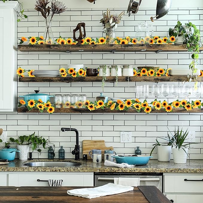 Uieke 3 Pack 7.5ft/Pcs Artificial Sunflower Garland Hanging Sunflower Vines with Green Leaves,Silk Flowers for Home Room Kitchen Garden Wedding Arch Bridal Baby Shower Party Outdoor Decor Medium