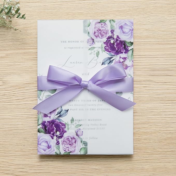 PONATIA 50 PCS Purple Vellum Jackets for 5x7 Invitation Cards- 135GSM Lilac Floral Printed Vellum Sleeves, Quinceanera Wedding Invitation Cards Wraps, Transparent Christmas Gift Cards Jackets