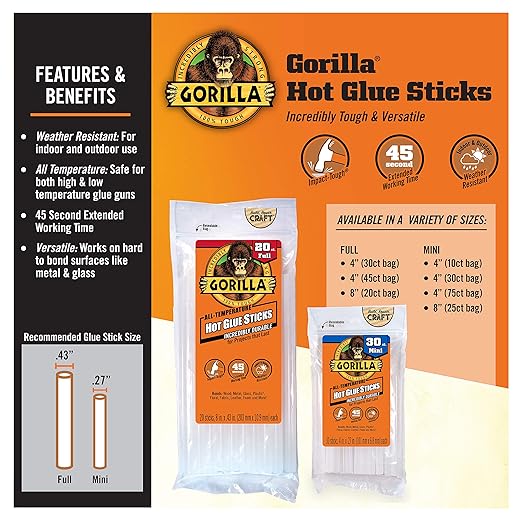 Gorilla Hot Glue Sticks, Clear Glue, Full Size 4" Long x 0.43" Diameter, 45 Count (Pack of 1) - Safe for All Temperatures with Extended Working Time