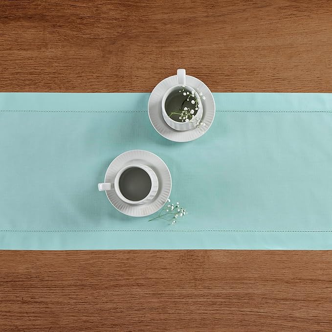Solino Home Cotton Linen Table Runner 60 Inches - Pastel Turquoise Hemstitch Table Runner 14 x 60 Inch Ideal for Dresser and Coffee Tables