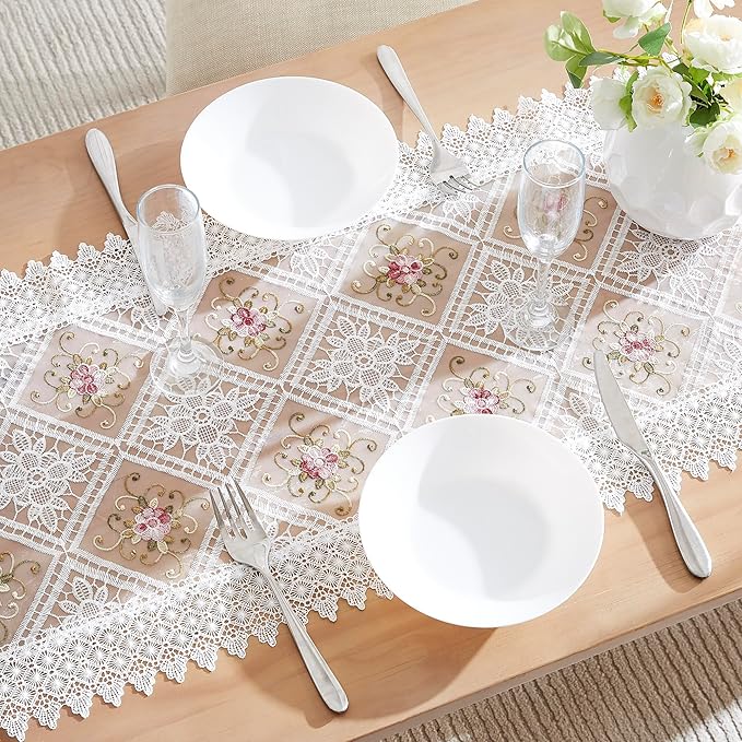 Warm Home Designs White Lace Table Runner. Embroidered with Intricate Flower Design. Can Be Used As Dresser Scarf or Dining Table Runner. VTR White 48