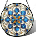 Stained Glass Window Hanging - Blue and White Abstract Flowers Suncatcher for Door Terrace Garden Home Decor, Gold Sun Catcher Birthday Gifts for Lovers Women Men Dad Mom Nana 15 in