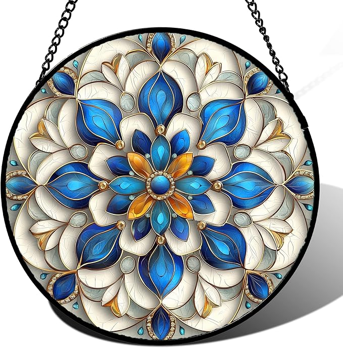 Stained Glass Window Hanging - Blue and White Abstract Flowers Suncatcher for Door Terrace Garden Home Decor, Gold Sun Catcher Birthday Gifts for Lovers Women Men Dad Mom Nana 9.8 in