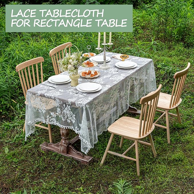 Jayla White Lace Tablecloth for Rectangular Tables, Vintage Style Wedding Table Cloths for Reception, Baby Shower, Birthday Party, Formal Dining, Dinner Parties 54 X 108 Inches