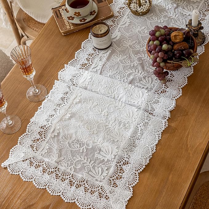 White Elegant Vintage Lace Table Runners,Wedding Lace Decor with Floral Embroidery,Tea Party Decor (White, 13.8X94.5 Inches)