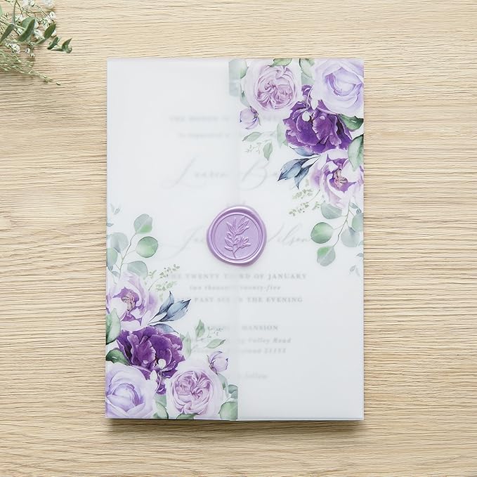 PONATIA 50 PCS Purple Vellum Jackets for 5x7 Invitation Cards- 135GSM Lilac Floral Printed Vellum Sleeves, Quinceanera Wedding Invitation Cards Wraps, Transparent Christmas Gift Cards Jackets